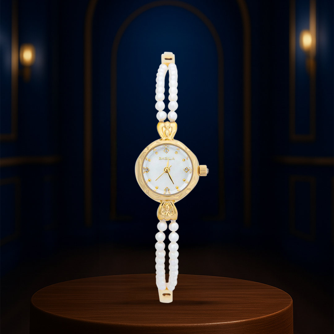 Elisara | Reloj para mujer con pulsera de perlas doradas | 32 mm