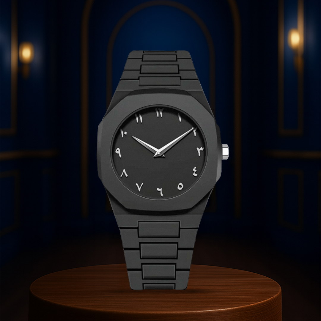 Reloj Zain con Números Árabes en Negrita, Minimalista Todo en Negro | 44mm
