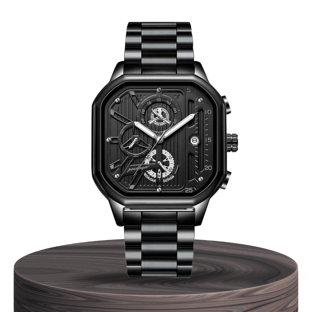 Orion | Reloj Geométrico de Estilo Industrial en Negro Íntegro y Grande | 41 mm