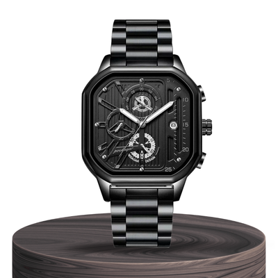Orion | Reloj Geométrico de Estilo Industrial en Negro Íntegro y Grande | 41 mm