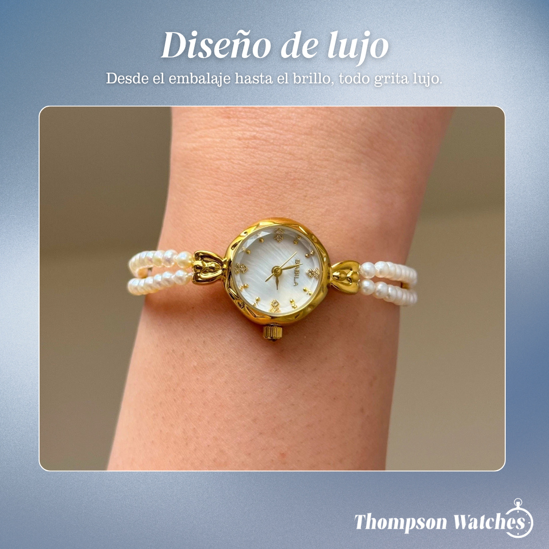 Elisara | Reloj para mujer con pulsera de perlas doradas | 32 mm