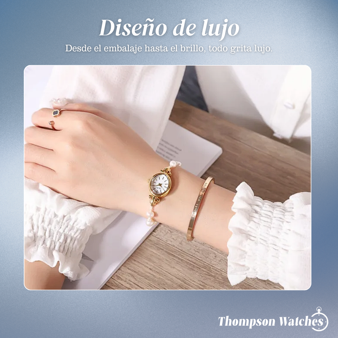 Lunavine | Reloj de pulsera para mujer con detalles de perla dorada | 32 mm