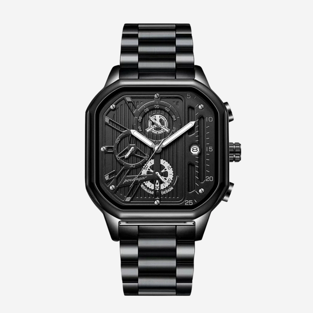 Orion | Reloj Geométrico de Estilo Industrial en Negro Íntegro y Grande | 41 mm