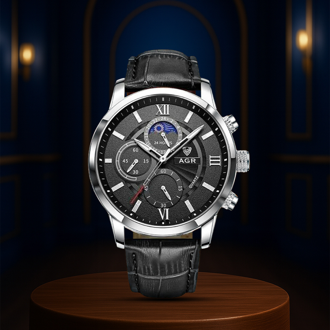 Rubén | Reloj moderno de cuero con fase lunar | 43 mm